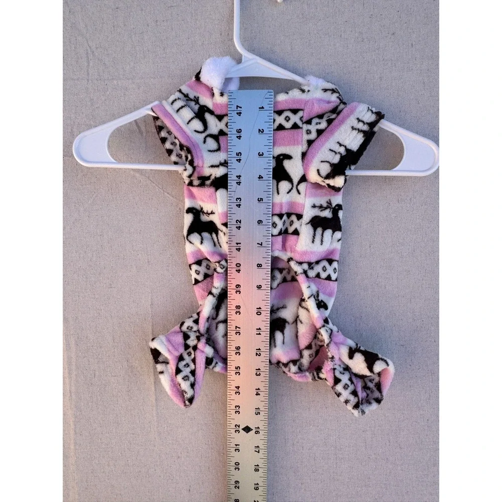 Pink Reindeer Fair Isle Fleece Pet Pajamas Hooded Holiday Dog Outfit Small